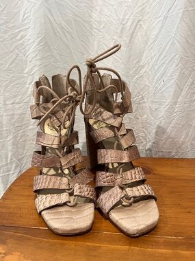 Vince Camuto Taupe Croc-Embossed Lace-Up Block Heel Sandals